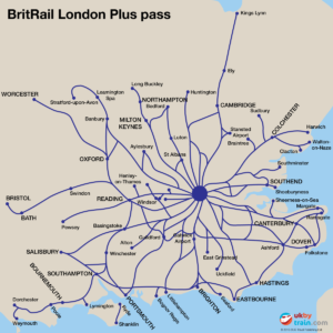 Map showing where you can travel using the BritRail London Plus rail pass